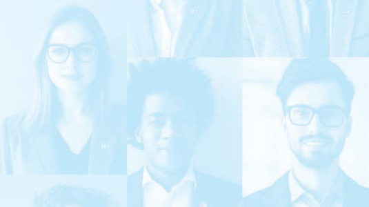 blue-toned headshots of young professionals