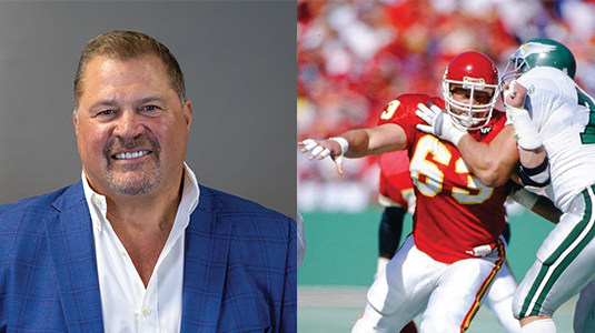 Man in suit juxtaposed with two football players.