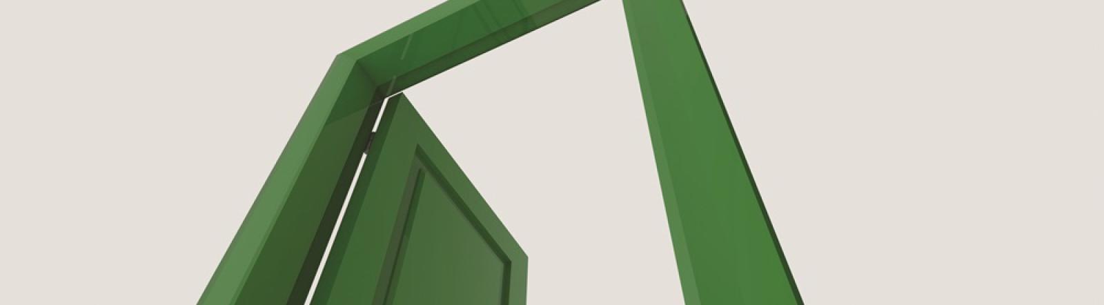 A green door opening over white space