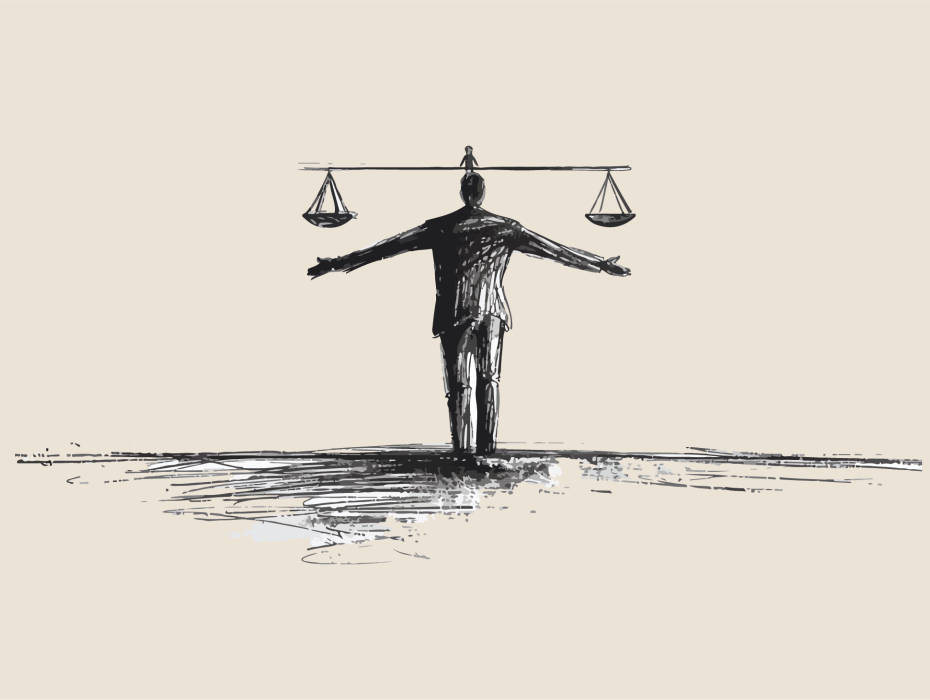 Illustration of man with scale on his head.